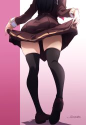 Rule 34 | 1girl, black thighhighs, brown footwear, brown skirt, clothes lift, commentary request, dated, from behind, gradient background, head out of frame, hibike! euphonium, highres, kousaka reina, legs, loafers, long sleeves, nii manabu, pink background, shoes, signature, skirt, skirt lift, solo, standing, thighhighs, thighs, uniform, upskirt, zettai ryouiki