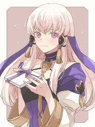 Rule 34 | 1girl, blush, box, closed mouth, commentary request, dress, fingernails, fire emblem, fire emblem: three houses, gift, gift box, gold trim, holding, holding gift, long hair, looking at viewer, lysithea von ordelia, nintendo, pink eyes, pink nails, purple dress, smile, solo, tenjin (ahan), veil, white hair, white sleeves