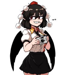 Rule 34 | 1girl, black hair, black necktie, black skirt, black wings, blouse, breasts, brown hair, camera, cigarette, collared shirt, formicid, hair between eyes, hat, holding, holding camera, necktie, pointy ears, pom pom (clothes), red eyes, red hat, shameimaru aya, shirt, shirt tucked in, simple background, skirt, smile, solo, tokin hat, touhou, white shirt, wings