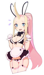 Rule 34 | 1girl, animal ears, apron, bikini, black bow, black bowtie, black bra, black skirt, blue eyes, blush, bow, bowtie, bra, breasts, cleavage, commentary, commission, cowboy shot, cropped legs, d:, detached collar, english commentary, flying sweatdrops, garter straps, gloves, halphelt, hands up, highres, horns, long hair, looking at viewer, maid, maid bikini, medium breasts, microskirt, open mouth, original, panties, paw pose, pink apron, pink hair, pink panties, rabbit ears, showgirl skirt, simple background, single horn, skirt, solo, standing, swimsuit, thighhighs, unconventional maid, underwear, very long hair, waist apron, white background, white gloves, yellow pupils