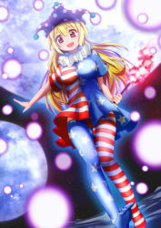 Rule 34 | 1girl, american flag dress, american flag legwear, american flag shirt, blonde hair, blush, caibao return, cameltoe, clownpiece, fairy wings, feet, gradient background, hair between eyes, hat, highres, jester cap, long hair, looking at viewer, open mouth, pantyhose, red eyes, smile, solo, star (symbol), striped clothes, striped pantyhose, torch, touhou, wings