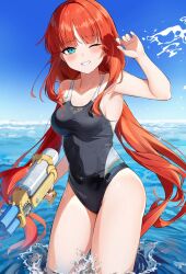 Rule 34 | 1girl, aqua eyes, auui, bare arms, bare shoulders, black one-piece swimsuit, blue sky, blunt bangs, blush, breasts, collarbone, commentary, competition swimsuit, contrapposto, covered navel, day, eyelashes, genshin impact, grin, hand up, highres, holding, holding water gun, impossible clothes, impossible swimsuit, long hair, medium breasts, nilou (genshin impact), ocean, one-piece swimsuit, one eye closed, red hair, sky, smile, solo, standing, swimsuit, very long hair, wading, water, water gun