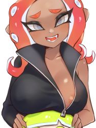 Rule 34 | 2girls, agent 3 (splatoon), agent 8 (splatoon), areola slip, breast rest, breasts, covered erect nipples, dark-skinned female, dark skin, fangs, green hair, grey eyes, hand on another&#039;s head, head out of frame, head tilt, highres, inkling, inkling girl, inkling player character, jtveemo, large breasts, looking at viewer, medium hair, multiple girls, nintendo, octoling, octoling girl, octoling player character, open mouth, pink hair, simple background, single sleeve, smile, solo focus, splatoon (series), splatoon 2, splatoon 2: octo expansion, squidbeak splatoon, suction cups, tentacle hair, unzipped, upper body, zipper pull tab