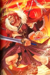 Rule 34 | 1boy, artbook, beard, blood, cape, ea (fate/stay night), facial hair, fate/stay night, fate/zero, fate (series), gate of babylon (fate), highres, iskandar (fate), male focus, manly, muscular, pteruges, red hair, sandals, solo, sword, watermark, weapon