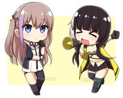 Rule 34 | &gt; &lt;, 2girls, beige background, black gloves, black hair, black jacket, black neckwear, black socks, blue eyes, blush, brown hair, brown shirt, chibi, clenched hand, closed eyes, closed mouth, collared shirt, commission, dress, girls&#039; frontline, gloves, hair between eyes, hair ornament, jacket, kneehighs, long hair, long sleeves, looking at viewer, low twintails, megaphone, multicolored hair, multiple girls, one side up, open clothes, open jacket, open mouth, outstretched arm, purple hair, ro635 (girls&#039; frontline), rynzfrancis, shirt, single kneehigh, single sock, single thighhigh, socks, st ar-15 (girls&#039; frontline), streaked hair, thigh strap, thighhighs, twintails, twitter username, two-tone background, v-shaped eyebrows, very long hair, watermark, wavy mouth, white background, white dress, white hair, yellow jacket