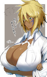 Rule 34 | 1girl, arms under breasts, bleach, blonde hair, bouncing breasts, breast hold, breasts, cleavage, collared shirt, colored eyelashes, crossed arms, crossed bangs, dark-skinned female, dark skin, facial tattoo, gin moku, green eyes, hair between eyes, highres, huge breasts, kon (bleach), looking down, partially unbuttoned, shirt, short hair, standing, tattoo, taut clothes, taut shirt, tier harribel, translation request, upper body, white shirt