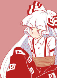 Rule 34 | 1girl, annoyed, arms behind back, artist request, bad id, bad pixiv id, bdsm, bound, bound arms, fujiwara no mokou, hair ribbon, long hair, nervous, pokopoiyo, red theme, ribbon, rope, simple background, sitting, slit pupils, solo, suspenders, sweatdrop, tied up, touhou