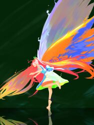 Rule 34 | 1girl, absurdly long hair, absurdres, ahoge, alternate costume, ankle strap, black background, closed eyes, dancing, dress, feather hair ornament, feathers, fiery hair, fiery wings, full body, hair ornament, highres, hololive, hololive english, huge ahoge, long hair, multicolored clothes, multicolored dress, multicolored hair, nanashi mumei, necester, ponytail, spinning, tiptoes, very long hair, virtual youtuber, wings