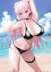 Rule 34 | 1girl, bare shoulders, bikini, blush, breasts, cleavage, collarbone, highres, large breasts, long hair, looking at viewer, navel, original, pink eyes, pink hair, smile, solo, swimsuit, textless version, thighs, ulrich (tagaragakuin)