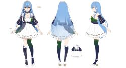 Rule 34 | 1girl, absurdres, arms at sides, asymmetrical legwear, bare shoulders, black thighhighs, blue hair, bracelet, breasts, character sheet, cleavage, collar, cube hair ornament, detached collar, detached sleeves, dress, earrings, flower earrings, frilled collar, frills, full body, gradient legwear, green thighhighs, hair ornament, hane yuki, highres, idol, jewelry, juliet sleeves, kneehighs, large breasts, legs apart, light blush, long sleeves, looking at viewer, mismatched legwear, multiple views, namiji freesia, official alternate costume, official art, open mouth, pleated dress, production kawaii, puffy sleeves, short dress, simple background, single kneehigh, single sock, single thighhigh, smile, socks, standing, strapless, strapless dress, strappy heels, striped clothes, striped socks, thigh gap, thighhighs, turnaround, underbust, uneven legwear, vertical-striped clothes, vertical-striped socks, virtual youtuber, white background, white dress, yellow eyes