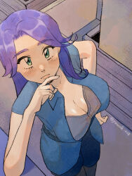 1girl abigail_(stardew_valley) blush breasts cleavage cowboy_shot finger_to_own_chin from_above green_eyes large_breasts looking_at_viewer purple_hair short_sleeves solo stardew_valley twitter_username yuuuk_028