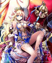 Rule 34 | 1girl, absurdres, bare shoulders, bell, blonde hair, blue eyes, breasts, cleavage, elbow gloves, flower, gloves, hair flower, hair ornament, highres, jewelry, long hair, looking at viewer, official art, original, pantyhose, shingoku no valhalla gate, sho (runatic moon), smile, solo, staff, tiara, white gloves, white pantyhose