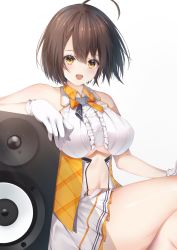 Rule 34 | 1girl, ahoge, azur lane, baltimore (azur lane), baltimore (muse) (azur lane), bare shoulders, breasts, brown hair, clothing cutout, gloves, highres, jacket, large breasts, looking at viewer, miniskirt, nagi aoi, open clothes, open jacket, open mouth, pleated skirt, simple background, sitting, skirt, sleeveless, sleeveless jacket, solo, underboob, underboob cutout, white background, white gloves, white skirt, yellow eyes