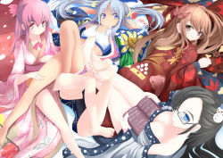 Rule 34 | 4girls, barefoot, black hair, blue eyes, blue hair, blush, breasts, brown eyes, brown hair, feet, flat chest, flower, glasses, highres, japanese clothes, kimono, leaf, long hair, lying, multiple girls, on back, on stomach, original, pink eyes, pink hair, smile, soles, sukage, toe scrunch, toes