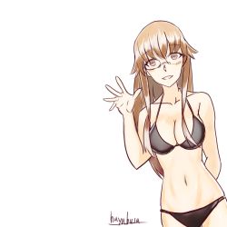 Rule 34 | 1girl, artist request, bare shoulders, bikini, black bikini, blush, breasts, brown eyes, brown hair, charlotte zoom, glasses, heavy object, long hair, looking at viewer, open mouth, solo, swimsuit, tagme