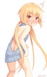 Rule 34 | 10s, 1girl, ^^^, alternate costume, backless dress, backless outfit, bare back, bare shoulders, binsen, blush, butt crack, dress, from behind, full-face blush, grey sweater, halterneck, kantai collection, long hair, looking at viewer, looking back, low twintails, meme attire, naked sweater, open mouth, ribbed sweater, satsuki (kancolle), sidelocks, signature, simple background, solo, sweater, sweater dress, turtleneck, turtleneck sweater, twintails, twitter username, virgin killer sweater, white background