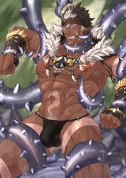 Rule 34 | 1boy, abs, arm tattoo, bara, beard, bellsaltr, brown hair, bulge, dark-skinned male, dark skin, facial hair, headband, highres, imminent anal, imminent penetration, jewelry, large pectorals, long sideburns, male focus, muscular, navel, necklace, nipples, pectorals, pointy ears, revealing clothes, sideburns, solo, spiked hair, stomach tattoo, tangaroa (housamo), tattoo, tentacles, tentacles on male, thick thighs, thighs, tokyo houkago summoners, toned, toned male, topless male, upper body, white hair, yellow eyes