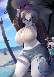 Rule 34 | 1girl, absurdres, adjusting eyewear, animal ears, arknights, beach, bikini, bikini top only, blonde hair, braid, breasts, brown jacket, commentary, crazy straw, cup, day, drink, drinking glass, drinking straw, eyewear on head, female focus, full body, hair ornament, hat, highres, holding, holding cup, huge breasts, jacket, jewelry, kolaytoh, looking ahead, medium hair, nail polish, necklace, ocean, official alternate costume, open clothes, open jacket, outdoors, planted, planted surfboard, planted sword, planted weapon, purple eyes, sandals, seiza, shorts, signature, sitting, solo, striped bikini, striped clothes, sun hat, sunglasses, surfboard, swimsuit, swimsuit cover-up, sword, tail, umbrella, utage (arknights), utage (summer flowers) (arknights), vertical-striped bikini, vertical-striped clothes, weapon, x hair ornament