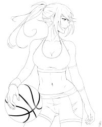Rule 34 | 1girl, absurdres, bakemonogatari, ball, bare shoulders, basketball, basketball (object), breasts, cleavage, collarbone, female focus, greyscale, highres, j adsen, kiss-shot acerola-orion heart-under-blade, large breasts, lineart, long hair, midriff, monochrome, monogatari (series), navel, oshino shinobu, pointy ears, ponytail, solo, standing, tank top, white background, wristband