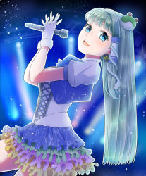 Rule 34 | 1girl, adapted costume, alternate costume, blue eyes, blue vest, breasts, dress, earrings, eyebrows hidden by hair, frills, frog hair ornament, gloves, green hair, hair between eyes, hair ornament, hair tubes, hat, highres, holding, holding microphone, idol, idol clothes, jewelry, kisaragi koushi, kochiya sanae, long hair, looking at viewer, medium breasts, microphone, mini hat, music, night, open mouth, short sleeves, singing, skirt, smile, snake hair ornament, solo, stage, stage lights, touhou, vest, white dress, white gloves