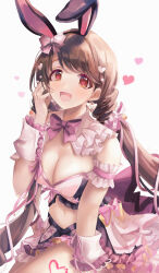 Rule 34 | 1girl, animal ears, arm garter, blush, breasts, brown hair, cleavage, collar, detached sleeves, fake animal ears, frilled collar, frills, hair ornament, hair scrunchie, heart, highres, idolmaster, idolmaster cinderella girls, idolmaster cinderella girls starlight stage, kevn, large breasts, looking at viewer, navel, rabbit-shaped pupils, rabbit ears, scrunchie, shimamura uzuki, simple background, smile, solo, symbol-shaped pupils, twintails, white background