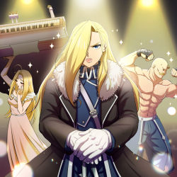 Rule 34 | 1boy, 2girls, abs, alex louis armstrong, bald, black coat, blonde hair, blue eyes, blue jacket, blue pants, catherine elle armstrong, coat, collared jacket, dress, closed eyes, facial hair, fullmetal alchemist, fur-trimmed coat, fur trim, gloves, hair intakes, hair over one eye, hands on hilt, highres, jacket, long dress, long hair, long sleeves, looking at viewer, multiple girls, muscular, muscular male, mustache, olivier mira armstrong, open clothes, open coat, pants, shsh8860, sleeveless, sleeveless dress, straight hair, topless, white dress, white gloves, wing collar