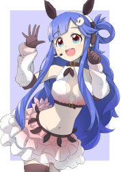 Rule 34 | 10s, 1girl, :d, alternate costume, animal hair ornament, aqua eyes, arm warmers, asari nanami, bangs pinned back, bare shoulders, belt, black gloves, black thighhighs, blue background, blunt bangs, blush, breasts, cowboy shot, elbow gloves, fake antennae, fake tail, gloves, halterneck, headset, highres, idolmaster, idolmaster cinderella girls, leaning forward, long hair, looking away, midriff, multicolored clothes, multicolored skirt, navel, nutsiqu, open mouth, pink skirt, pleated skirt, round teeth, sea slug, sideboob, skirt, small breasts, smile, solo, square, standing, tail, teeth, thighhighs, thumbs up, very long hair, white skirt, zettai ryouiki