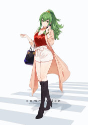 1girl black_bag black_boots boots breasts cleavage coat fire_emblem fire_emblem_awakening green_eyes green_hair hair_ornament highres large_breasts long_hair looking_at_viewer nintendo pink_coat pointy_ears ponytail red_shirt shirt shorts simple_background smile solo sumustard tiki_(adult)_(fire_emblem) tiki_(fire_emblem) white_shorts