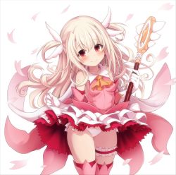 Rule 34 | 1girl, absurdres, bare shoulders, blonde hair, blush, breasts, closed mouth, clothes lift, commentary request, detached sleeves, dress, dress lift, fate/kaleid liner prisma illya, fate (series), feather hair ornament, feathers, gloves, hair between eyes, hair ornament, highres, holding, holding staff, illyasviel von einzbern, long hair, looking at viewer, magical girl, open mouth, panties, petals, pink thighhighs, prisma illya, red eyes, shirt, sleeveless, sleeveless shirt, small breasts, smile, solo, staff, tatsuhiko, thighhighs, two side up, underwear, white background, white gloves, white panties