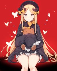 Rule 34 | 1girl, abigail williams (fate), black bow, black dress, black hat, blonde hair, bloomers, bow, bug, butterfly, closed mouth, dress, fate/grand order, fate (series), frills, hair bow, hands in opposite sleeves, hat, hona (pixiv7939518), hugging object, insect, long hair, long sleeves, looking at viewer, orange bow, parted bangs, polka dot, polka dot bow, red background, sitting, smile, solo, sparkle, stuffed animal, stuffed toy, teddy bear, underwear, very long hair, white bloomers