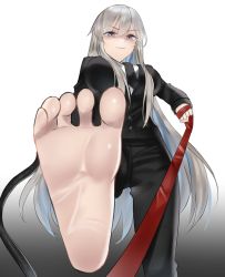 Rule 34 | 1girl, :|, absurdres, alternate costume, azur lane, black necktie, black pants, blazer, breasts, business suit, closed mouth, enterprise (azur lane), eyelashes, feet, female focus, femdom, foot focus, formal, from below, hair between eyes, highres, holding, holding leash, holding whip, jacket, large breasts, leash, long hair, looking at viewer, looking down, necktie, office lady, pants, pov, purple eyes, shiraki art, simple background, soles, solo, standing, standing on one leg, suit, toes, very long hair, whip, white hair