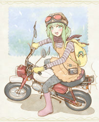 Rule 34 | 1girl, absurdres, bag, boots, camera, digital media player, dress, earphones, goburin, goggles, green eyes, green hair, gumi, hatsune miku, highres, ipod, matching hair/eyes, motor vehicle, motorcycle, pantyhose, rubber boots, scarf, solo, vehicle, vocaloid