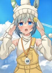 Rule 34 | 1girl, absurdres, animal ears, arms up, bare shoulders, beanie, blue eyes, blue hair, blush, commentary request, detached sleeves, ear covers, ears through headwear, hair between eyes, hair ornament, hairclip, hat, highres, horse ears, horse girl, lanyard, long sleeves, looking at viewer, naru 375, open mouth, orange overalls, outdoors, overalls, seiun sky (umamusume), short hair, single ear cover, sleeveless, sleeveless sweater, solo, sweat, sweater, tamagotchi, teeth, turtleneck, turtleneck sweater, umamusume, upper body, upper teeth only