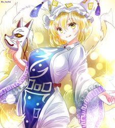 Rule 34 | 1girl, animal hat, blonde hair, blue tabard, bow, breasts, commentary request, cowboy shot, dress, fox mask, fox tail, frills, hajike akira, happy, hat, highres, holding, holding mask, kitsune, long sleeves, mask, medium breasts, mob cap, multiple tails, one-hour drawing challenge, open mouth, red bow, solo, tabard, tail, tassel, touhou, traditional media, white dress, white hat, wide sleeves, yakumo ran, yellow eyes