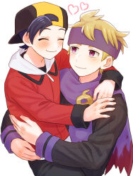 Rule 34 | 2boys, black headwear, black pants, black shirt, blonde hair, blush, carrying, closed mouth, commentary request, creatures (company), ethan (pokemon), game freak, hat, headband, heart, highres, jacket, long sleeves, male focus, mochi (mocchi p 2m), morty (pokemon), multiple boys, nintendo, pants, pokemon, pokemon hgss, purple eyes, purple headband, purple scarf, red jacket, scarf, shirt, short hair, smile, sweater, white background, yaoi