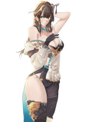 Rule 34 | 1girl, absurdres, asymmetrical clothes, bare shoulders, black gloves, blu (1712), braid, breasts, brown hair, cleavage, gloves, granblue fantasy, hair ornament, hairpin, hand on own chest, highres, large breasts, long hair, shura (granblue fantasy), solo, thighs, white background, wide sleeves