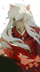 Rule 34 | 1boy, animal ears, bead necklace, beads, blurry, blurry foreground, demon boy, dog ears, falling petals, hair between eyes, inuyasha, inuyasha (character), japanese clothes, jewelry, kimono, kukuish, long hair, male focus, necklace, orange eyes, petals, red kimono, sidelocks, slit pupils, solo, upper body, white background, white hair