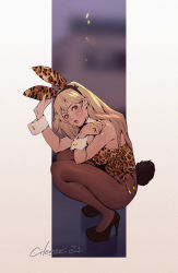 Rule 34 | 1girl, animal ears, animal print, artist logo, bare shoulders, black headband, blonde hair, blurry, blurry background, border, breasts, citemer, closed mouth, commentary, curled fingers, detached collar, english commentary, eyebrows, fake animal ears, full body, hair between eyes, hand up, headband, high heels, highleg, highleg leotard, highres, leopard print, leotard, long hair, looking to the side, nail polish, original, pantyhose, platform footwear, platform heels, playboy bunny, purple eyes, rabbit tail, red lips, shadow, side-tie leotard, sideboob, signature, solo, squatting, strapless, strapless leotard, tail, white border, wrist cuffs, yellow nails
