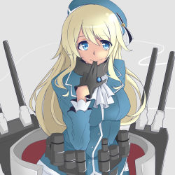Rule 34 | 10s, 1girl, atago (kancolle), bad id, bad pixiv id, biting, blonde hair, blue eyes, glove biting, gloves, hat, kantai collection, long hair, looking at viewer, machinery, personification, solo, suu2510, turret