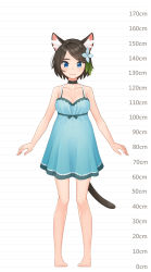 Rule 34 | 1girl, aina (mao lian), animal ear fluff, animal ears, arms at sides, bare arms, bare shoulders, barefoot, black choker, blue dress, blue eyes, breasts, brown hair, cat ears, cat tail, choker, closed mouth, dress, full body, height chart, highres, looking at viewer, mao lian (nekokao), medium breasts, original, pigeon-toed, pregnant, short hair, smile, solo, standing, tail