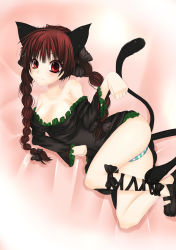 Rule 34 | 1girl, :3, absurdres, animal ears, ankle lace-up, bare shoulders, blush, braid, breasts, cat, cat ears, cat tail, cleavage, cross-laced footwear, fang, female focus, highres, kaenbyou rin, large breasts, long hair, looking at viewer, mary janes, multiple tails, no socks, panties, red eyes, red hair, shoes, smile, solo, striped clothes, striped panties, tail, touhou, twin braids, twintails, underwear, yuumi kaname