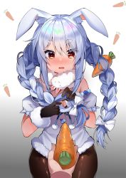 Rule 34 | 1girl, animal ear fluff, animal ears, black gloves, blush, braid, breasts, brown pantyhose, carrot, carrot hair ornament, cleavage, cowboy shot, detached sleeves, don-chan (usada pekora), food-themed hair ornament, fur collar, fur trim, gloves, gradient background, hair ornament, highres, holding, holding own hair, hololive, leotard, long hair, looking at viewer, open mouth, pantyhose, pov, pov hands, rabbit ears, rabbit girl, red eyes, silver hair, small breasts, solo, thick eyebrows, twin braids, twintails, usada pekora, usada pekora (1st costume), usagihime, very long hair, virtual youtuber, white leotard