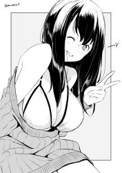 Rule 34 | 1girl, arm at side, bare shoulders, bikini, bikini under clothes, blush, breasts, greyscale, grin, kichihachi, large breasts, long hair, long sleeves, looking at viewer, monochrome, off shoulder, one eye closed, original, outside border, parted lips, simple background, sitting, smile, solo, straight hair, sweater, swimsuit, tareme, twitter username, v