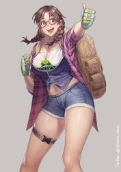 Rule 34 | 1girl, backpack, bag, bespectacled, braid, breasts, brown eyes, brown hair, cleavage, commentary, cowboy shot, cutoffs, denim, denim shorts, english commentary, fingerless gloves, glasses, gloves, green gloves, hanny (uirusu chan), highres, julia chang, looking at viewer, medium breasts, medium hair, namco, navel, open mouth, overshirt, pink shirt, plaid, plaid shirt, print shirt, red-framed eyewear, shiny skin, shirt, shorts, sleeves rolled up, smile, solo, teeth, tekken, tekken 7, thigh strap, thighs, thumbs up, twin braids, twitter username, upper teeth only