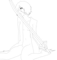 Rule 34 | 1girl, absurdres, bankai, barefoot, bleach, bottomless, breasts, cleavage, collarbone, feet, female focus, highres, holding, holding sword, holding weapon, kitsune23star, kuchiki rukia, legs, licking, lineart, long sleeves, monochrome, navel, neck, no bra, no panties, open clothes, short hair, simple background, sitting, small breasts, solo, sword, tensa zangetsu, toes, tongue, weapon, white background
