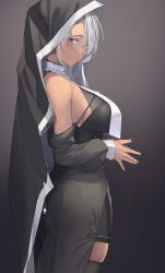 Rule 34 | 1girl, absurdres, ass, bare shoulders, black background, black headwear, black thighhighs, blush, breasts, closed mouth, dark-skinned female, dark skin, from side, glasses, gradient background, grey hair, highres, large breasts, long hair, long sleeves, looking at viewer, nun, original, pallad, purple eyes, simple background, solo, thighhighs