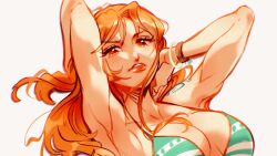 Rule 34 | 1girl, arm tattoo, arms up, bikini, bikini top only, bracelet, breasts, close-up, commentary, english commentary, highres, jewelry, log pose, long hair, looking at viewer, nami (one piece), one piece, orange eyes, orange hair, simple background, solo, swimsuit, tattoo, vanxllavina, white background