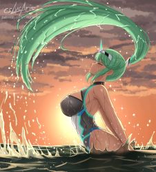 Rule 34 | 1girl, armpit crease, artist name, breasts, cleavage cutout, clothing cutout, commentary, competition swimsuit, cslucaris, english commentary, closed eyes, from side, gem, green hair, hair ornament, headpiece, highres, jewelry, large breasts, long hair, ocean, one-piece swimsuit, outdoors, patreon username, pneuma (xenoblade), ponytail, profile, sidelocks, signature, solo, sunset, swimsuit, thighs, tiara, wading, water, water drop, wet, wet clothes, wet hair, whipping hair, xenoblade chronicles (series), xenoblade chronicles 2