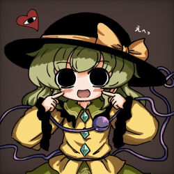 Rule 34 | 1girl, black eyes, black hat, blouse, blush, bow, brown background, buttons, diamond button, eyeball, fingers to cheeks, floral print, frilled shirt collar, frilled sleeves, frills, green hair, green skirt, hands up, hat, hat bow, hat ribbon, heart, heart of string, heripantomorrow, komeiji koishi, long sleeves, looking at viewer, medium hair, open mouth, ribbon, rose print, shirt, sidelocks, simple background, skirt, smile, solo, third eye, touhou, upper body, wavy hair, wide sleeves, yellow bow, yellow ribbon, yellow shirt