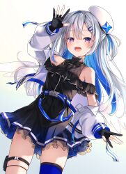 Rule 34 | 1girl, absurdres, amane kanata, amane kanata (work), arm up, asymmetrical legwear, belt, beret, black dress, black gloves, blue belt, blue hair, blue thighhighs, blush, colored inner hair, commentary, dress, frilled dress, frills, fuyoyo, gloves, gradient dress, grey hair, hair ornament, hairclip, hat, highres, hololive, jacket, jewelry, long hair, long sleeves, looking at viewer, mismatched legwear, multicolored hair, necklace, off shoulder, open mouth, partially fingerless gloves, pleated dress, pouch, puffy long sleeves, puffy sleeves, short dress, sidelocks, single hair intake, single thighhigh, sleeveless, sleeveless dress, smile, solo, star (symbol), star necklace, streaked hair, thigh pouch, thigh strap, thighhighs, virtual youtuber, white hat, white jacket